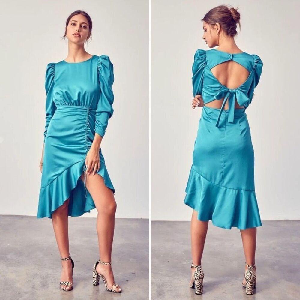 Do + Be Bow Tie Dress Teal Green Satin Mutton Sleeve Midi M